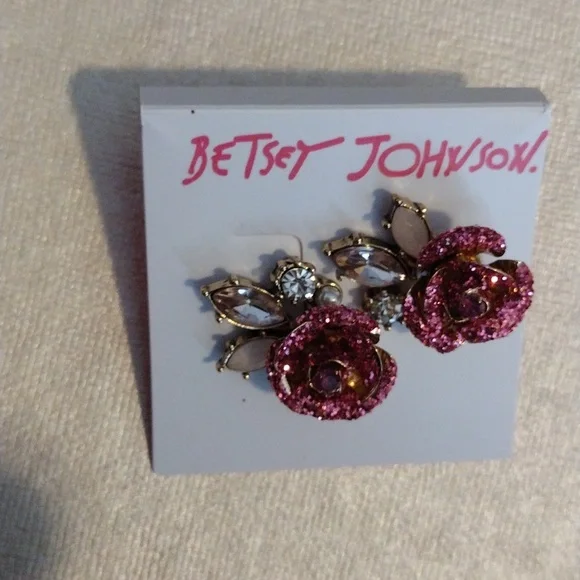Betsey Johnson Glittering Pink Rose Earrings - Picture 2 of 2